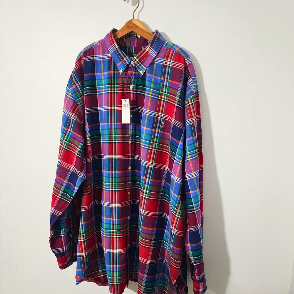 NWT Polo Ralph Lauren Men's Big & Tall Plaid Oxford Shirt, Red/‎ Blue, 4XLT - Picture 7 of 13